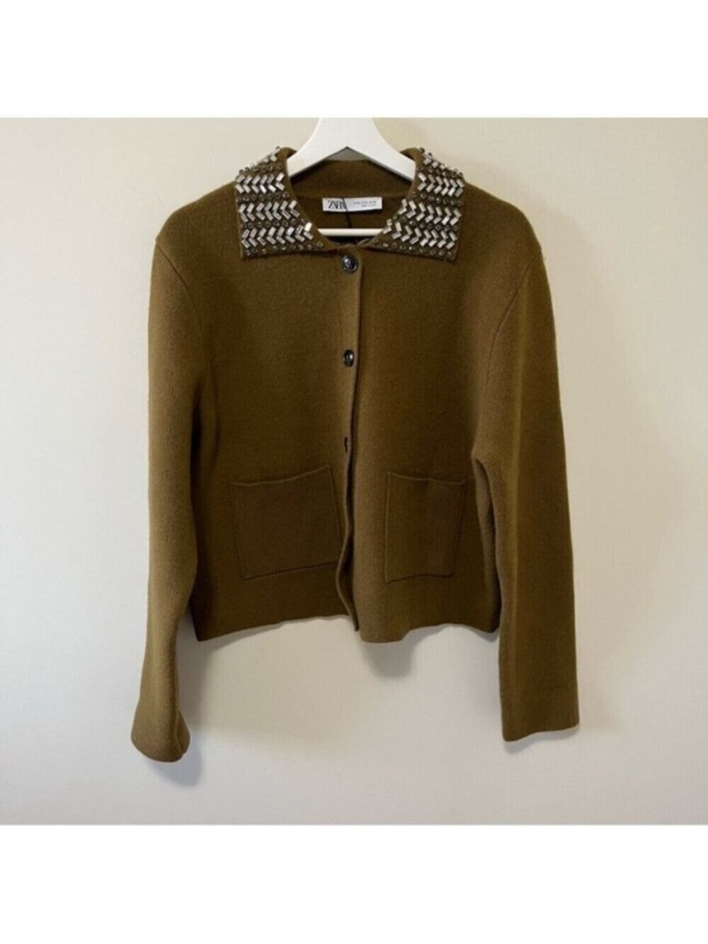 Zara ZW Collection 100% Wool Jewel Collar Cardigan Size XL - Picture 9 of 15